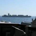 A view of Iranian-flagged cargo ship M/V Touska as the US Navy Arleigh Burke-class Aegis guided missile destroyer USS Spruance conducts its interception in a location given as the north Arabian Seaon April 19, 2026. Photo: Reuters