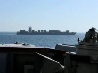 A view of Iranian-flagged cargo ship M/V Touska as the US Navy Arleigh Burke-class Aegis guided missile destroyer USS Spruance conducts its interception in a location given as the north Arabian Seaon April 19, 2026. Photo: Reuters