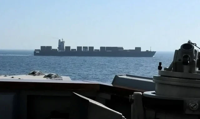 A view of Iranian-flagged cargo ship M/V Touska as the US Navy Arleigh Burke-class Aegis guided missile destroyer USS Spruance conducts its interception in a location given as the north Arabian Seaon April 19, 2026. Photo: Reuters