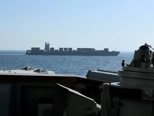 A view of Iranian-flagged cargo ship M/V Touska as the US Navy Arleigh Burke-class Aegis guided missile destroyer USS Spruance conducts its interception in a location given as the north Arabian Seaon April 19, 2026. Photo: Reuters